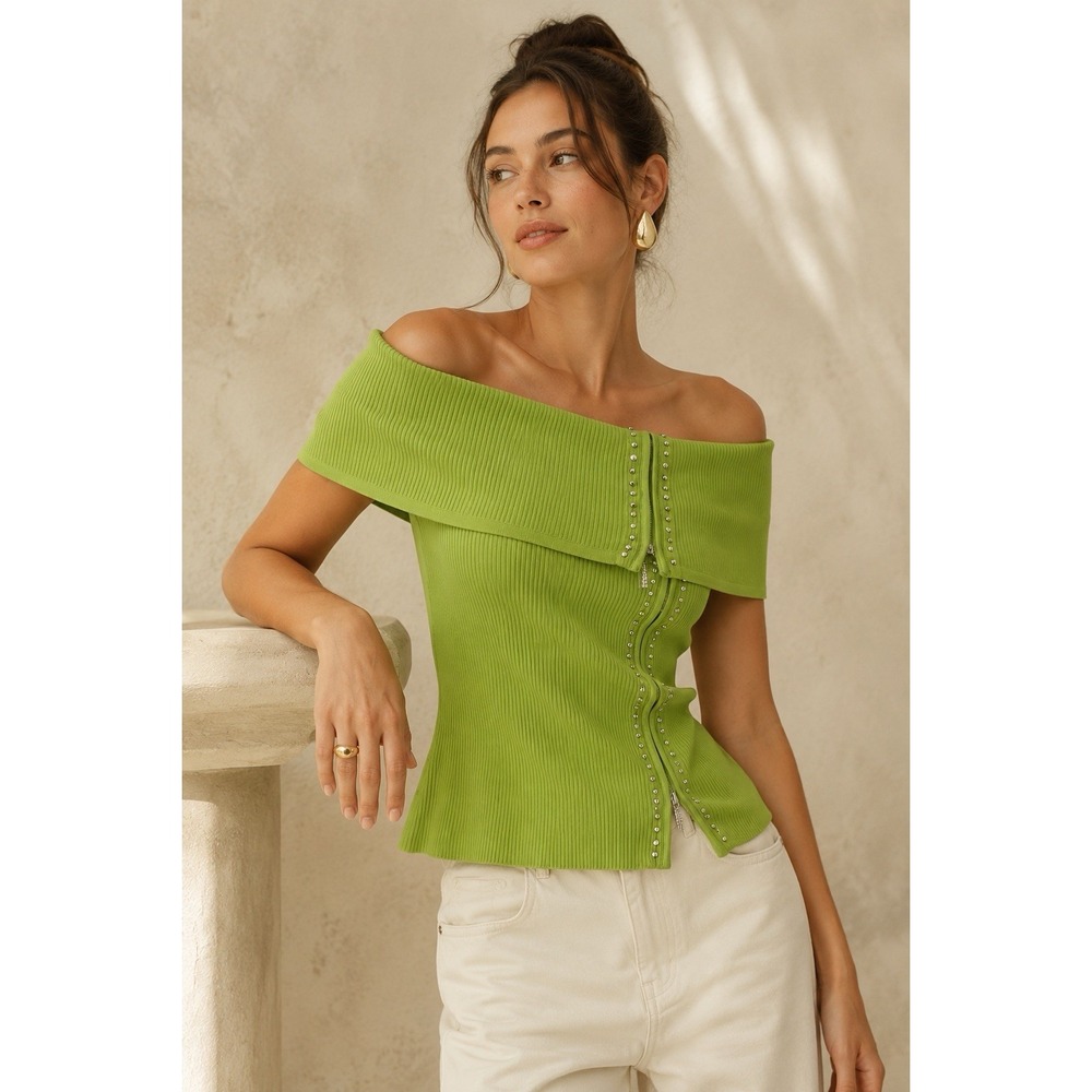Women's Top Blouse Cache Y2K Neon Sparkly Off Shoulder Ribbed Knit Green Bardot